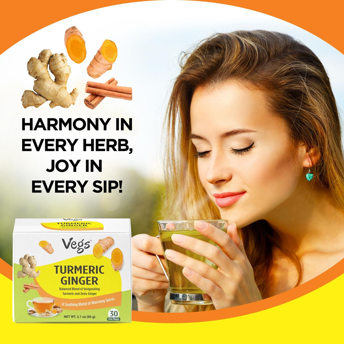 Vegs Organic Turmeric Ginger Tea Bags  AntioxidantRich Blend with Ceylon Cinnamon Cardamom and More  100 Pure Ingredients  CaffeineFree Herbal Tea  30 Tea Bags