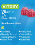 Vitamin D3 Gummies 2000 IU 50mcg Regular Strength VIT D Chewable, Supports Bone Health Support, Joint Muscle Health, Immune Support, for Men Woman & Kids, Berry Flavor, Vegetarian, Pectin Gummy Chews