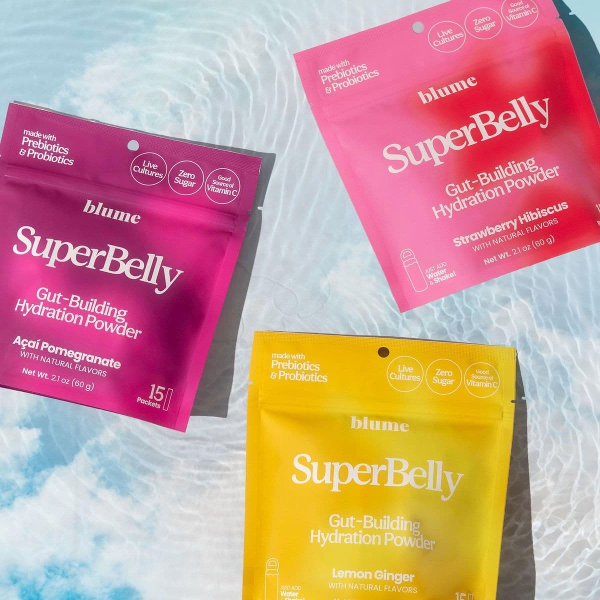 Blume SuperBelly Gut Health and OnTheGo Hydration Packets SugarFree with Prebiotics Probiotics Apple Cider Vinegar Vitamin C and Electrolytes Strawberry Hibiscus 15 Sticks