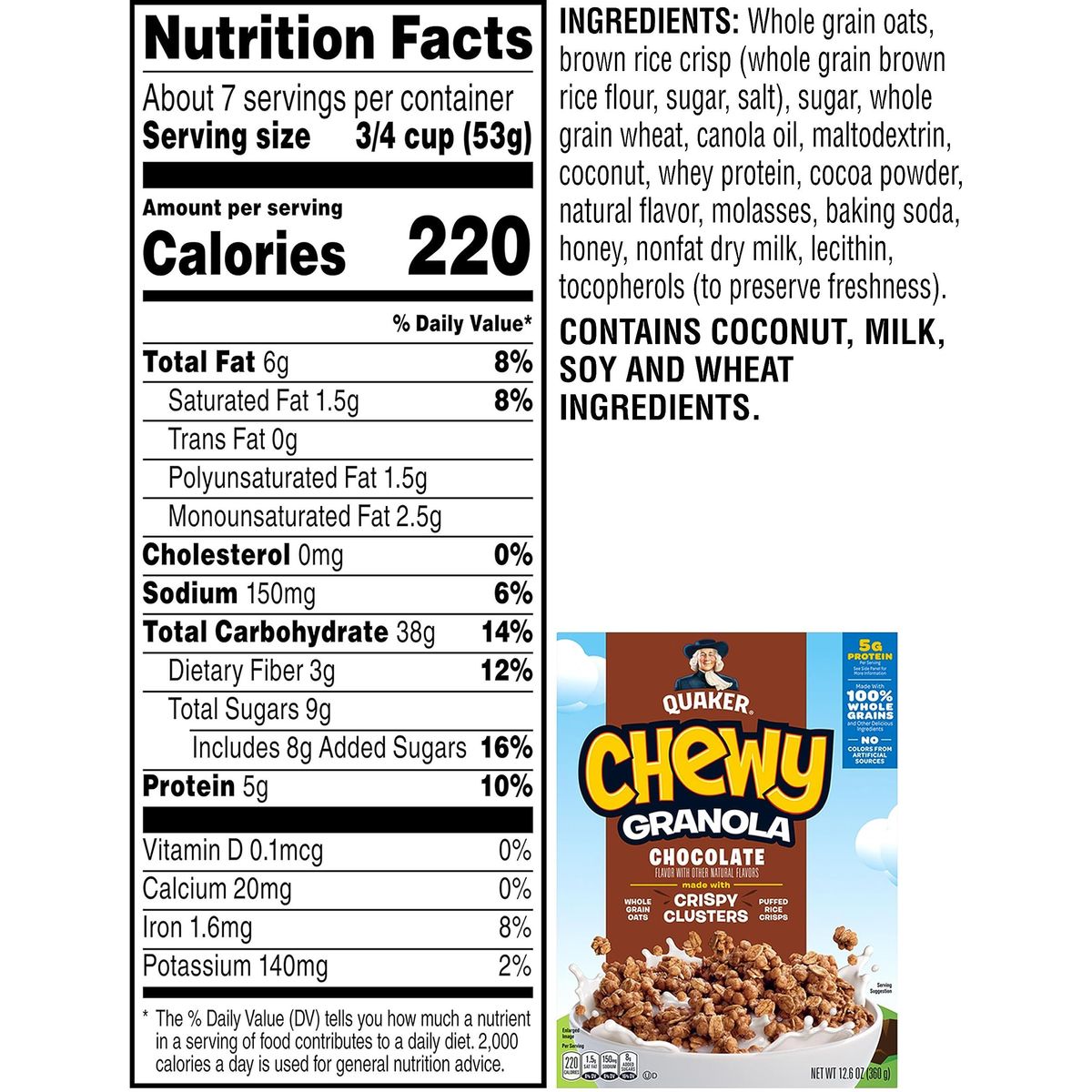 Quaker Chewy Granola Breakfast Cereal, Chocolate, 13.6oz Box, (2 Pack)