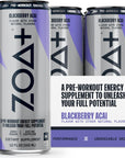 ZOA Plus Sugar-Free Pre-Workout Drink, Ready to Drink with Nitric Oxide, Vitamin B, C and D, 200mg Natural Clean Caffeine, BlackBerry Acai 12 Fl Oz, Pack of 12