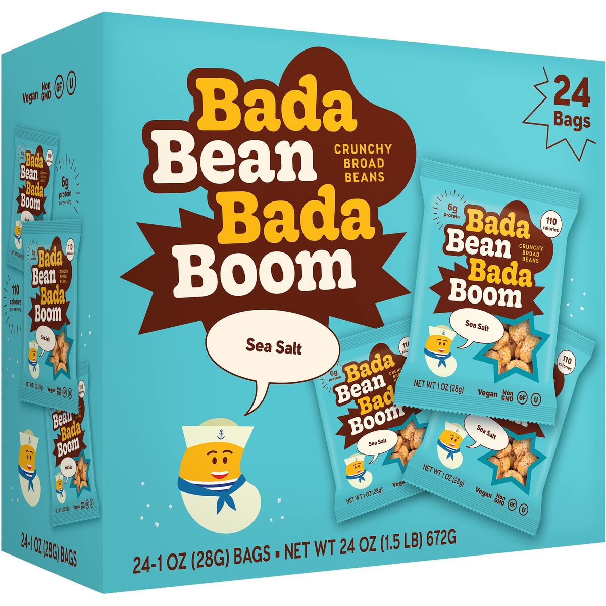 Enlightened Bada Bean Bada Boom  PlantBased Protein Gluten Free Vegan Crunchy Roasted Broad Fava Bean Snacks 100 Calories per Serving Sea Salt 1 oz Pack of 24