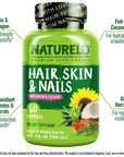 NATURELO Hair, Skin and Nails Vitamins - 5000 mcg Biotin, Collagen, Natural Vitamin E - Supplement for Healthy Skin, Hair Growth for Women and Men - 60 Capsules