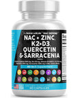 NAC Supplement N-Acetyl Cysteine 1000mg Vitamin D3 K2 Zinc Quercetin 1000mg Sarracenia Purpurea 1000mg with Elderberry Holy Basil Bee Propolis Bromelain L-Lysine Made in USA - 60 Count