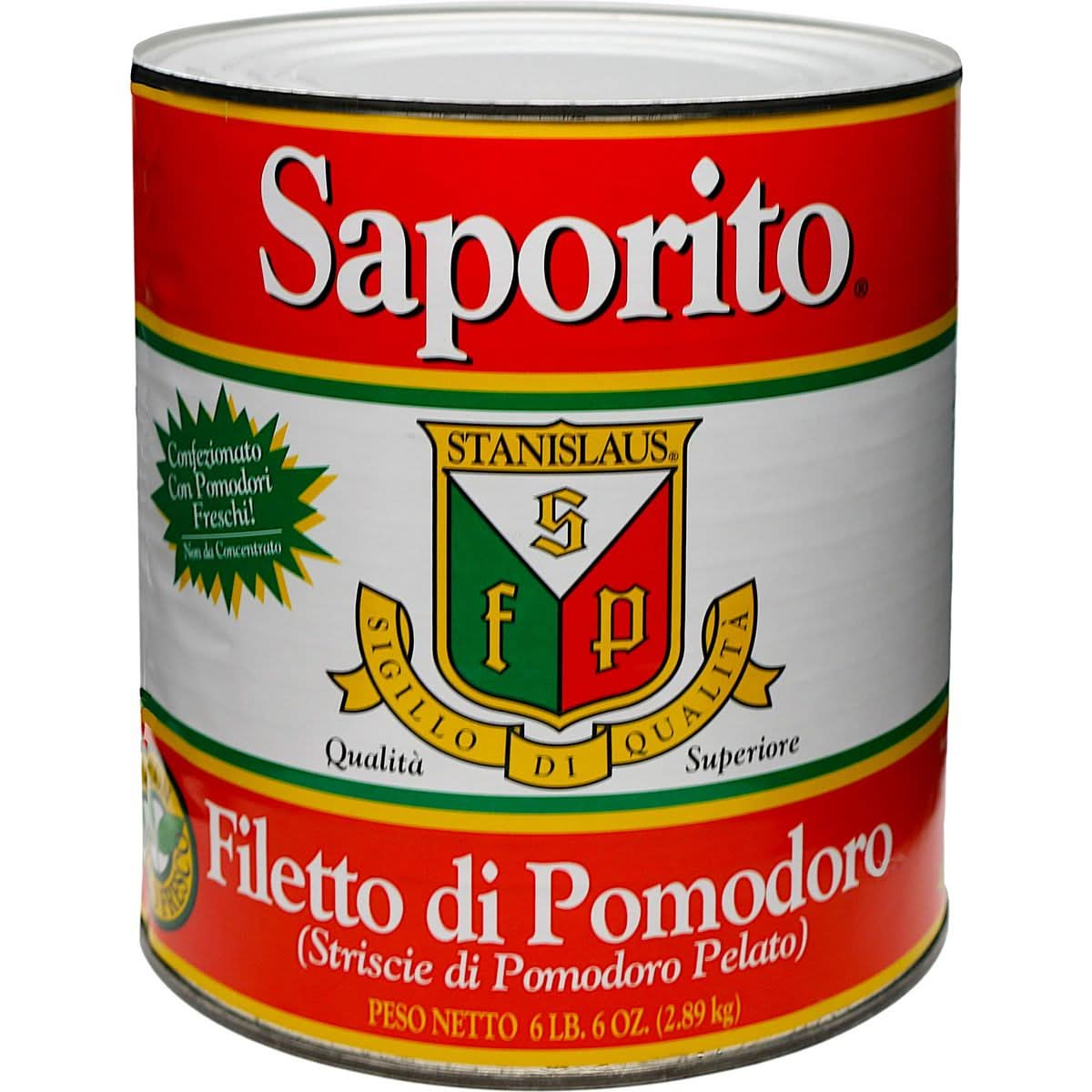 Stanislaus Saporito Strips of Peeled Tomato Delicate  Tender Texture for Tantalizing Sauces Size 10 6 lb 6 oz 102 oz Pack of 2  IncludesFree Basil Leaves from Rhino Fine Foods071 oz