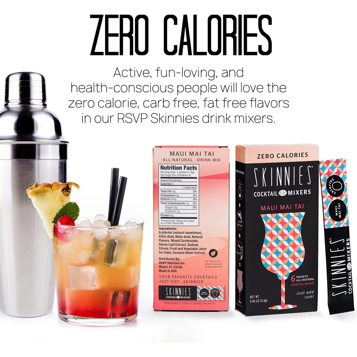 RSVP Skinnies Maui Mai Tai  Zero Sugar Mixers for Cocktails or Mocktails  No Aspartame Gluten Free All Natural Coconut and Pineapple Drink Mix 4 boxes24 packets