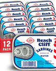 Beach Cliff Sardines in Water 375 oz Can Pack of 12  Wild Caught Sardines  12g Protein per Serving  Gluten Free Keto Friendly