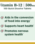 Nature's Bounty Vitamin B12, Supports Energy Metabolism and Nervous System Health, 500mcg, 100 Quick Dissolve Tablets