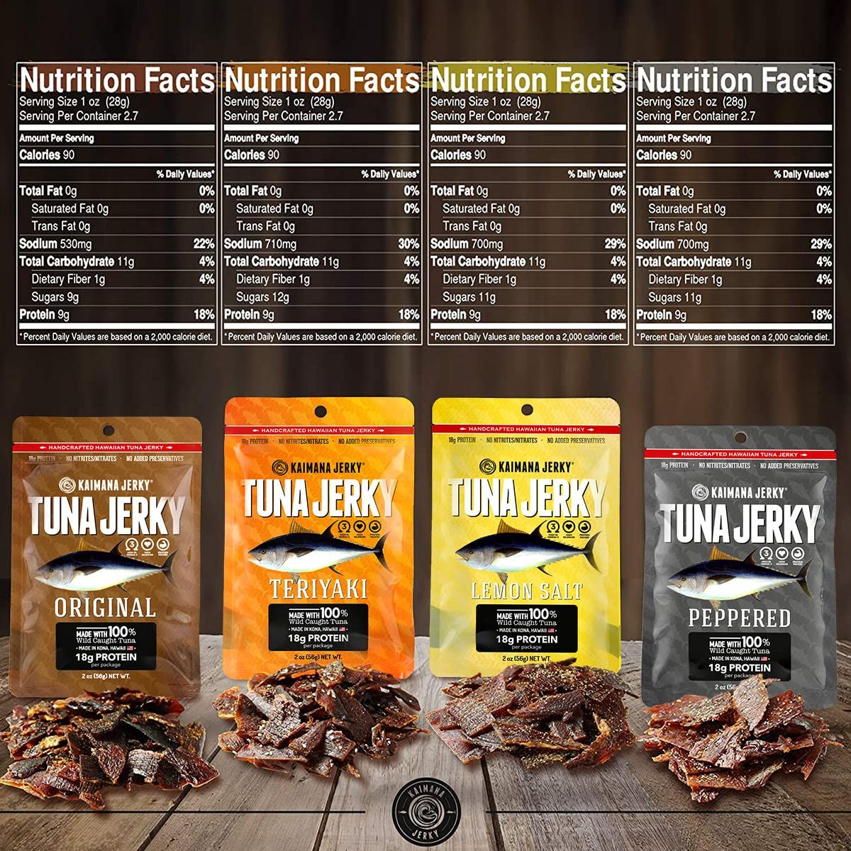 Kaimana Ahi Tuna Fish Jerky  Premium Protein  Rich In Omega3s  All Natural  Wild Caught Tuna Jerky Made in Hawaii USA 4 Pack Variety Bundle