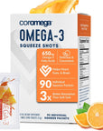 Coromega Omega 3 Fish Oil Supplement, 650mg of Omega-3s with 3X Better Absorption Than Softgels, Orange Flavor, 90 Single Serve Squeeze Packets