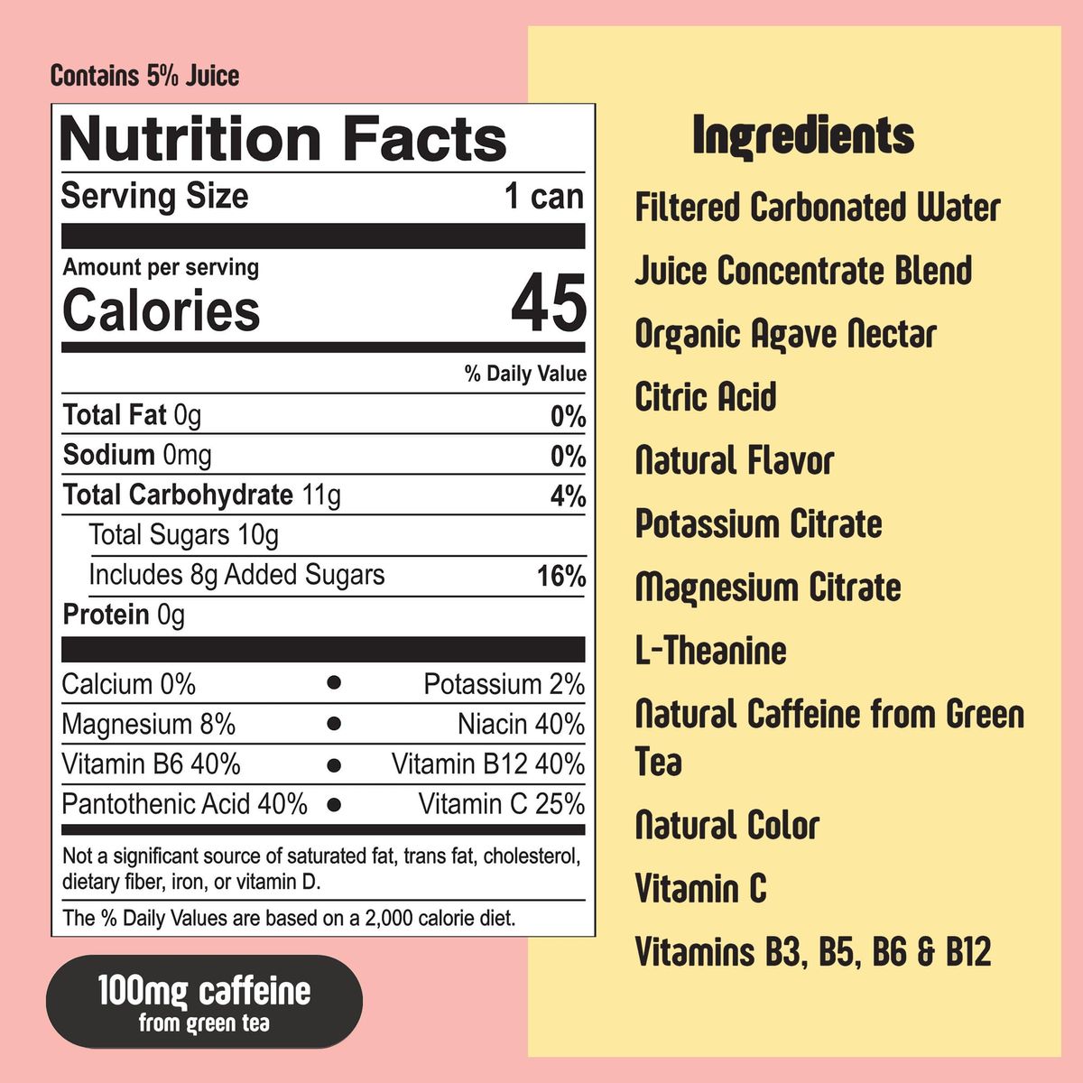 Betweener Sparkling Energy Sparkling Water wReal Juice  100mg Caffeine Light  Refreshing LTheanine for Focus Vitamins BC  Low Sugar  45 Cals  Raspberry Lemon 12 Pack