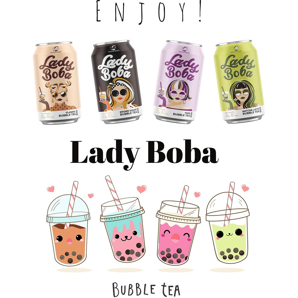 Pack of 4 Lady Boba 4 Cans Milk Bubble Tea with Boba Pearls in a Can 107ozcan with Saltation Thank You Card Choose One from Variety of Flavors Assorted Classic Brown Sugar Taro Matcha Latte Ready To Drink Beverage Assorted