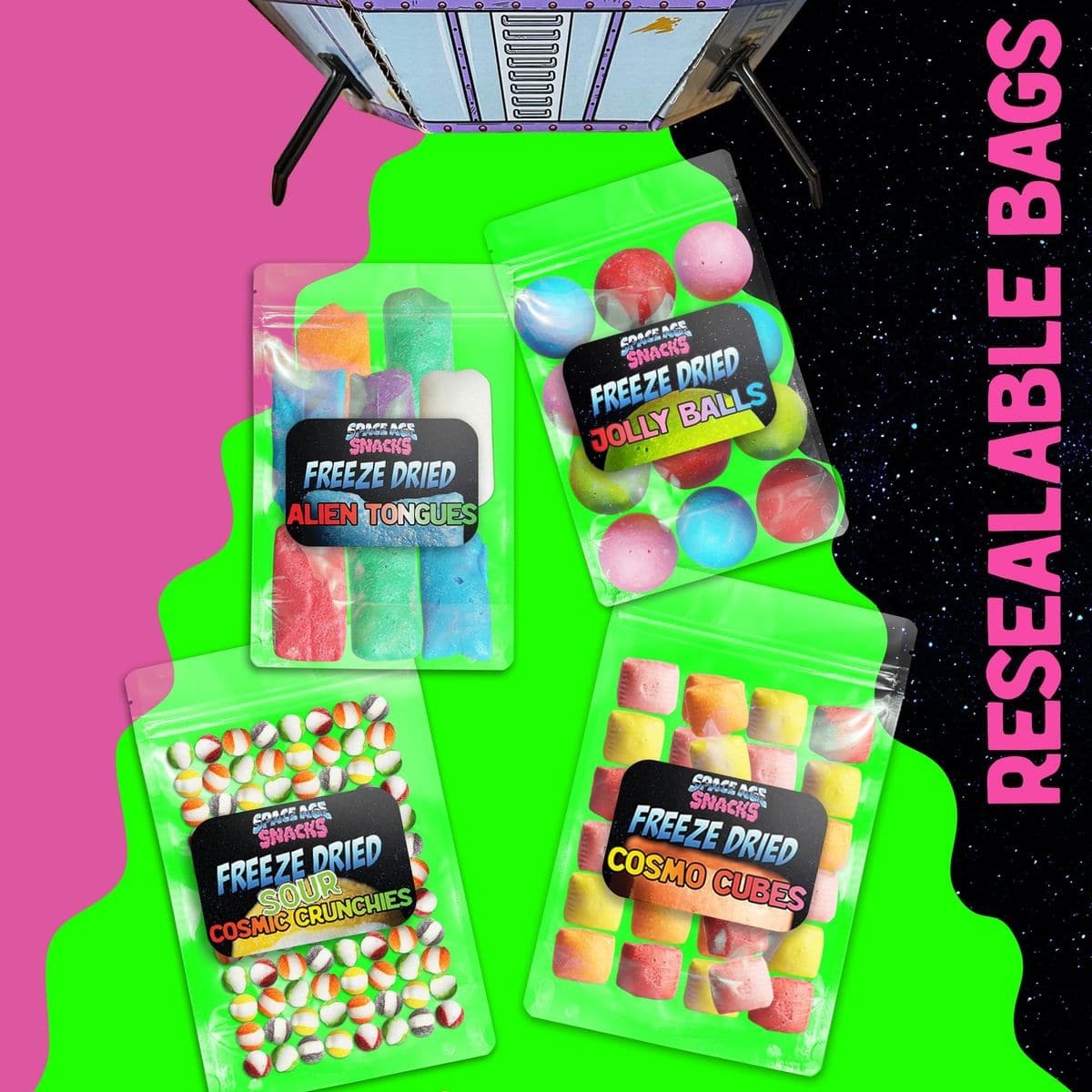 Premium Freeze Dried Candy Variety Pack with 4 Kinds of Candy  Alien Tongues Cosmo Cubes Sour Cosmic Crunchies Jolly Balls and Stickers  Freeze Dried Candy Sampler Shipped in Box for Protection