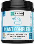 Zhou Nutrition Plant Based Vegan Protein Powder, Best Absorption Digest Score, Complete Amino Acid Profile, Dairy Free, Soy Free, Gluten Free, Sugar Free, Vanilla, 21g Protein, 16 Servings