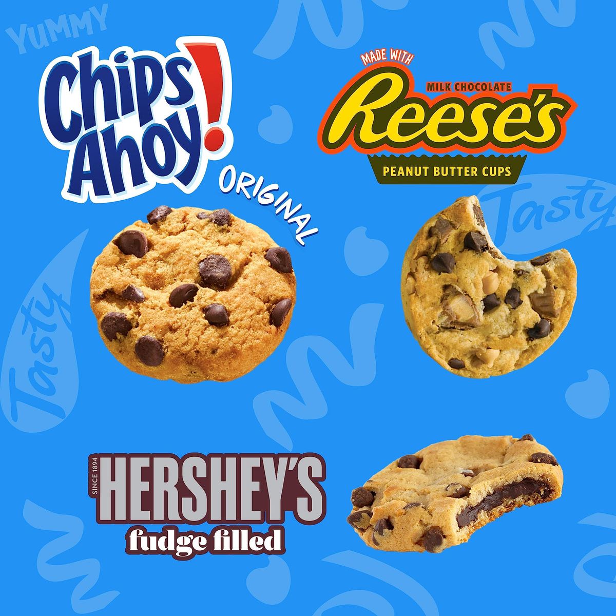 CHIPS AHOY! Cookie Variety Pack, Original Chocolate Chip with Reese&#39;s Peanut Butter Cups &amp; Chewy Hershey&#39;s Fudge Filled Soft Cookies, 50 Snack Packs (2 Cookies Per Pack)