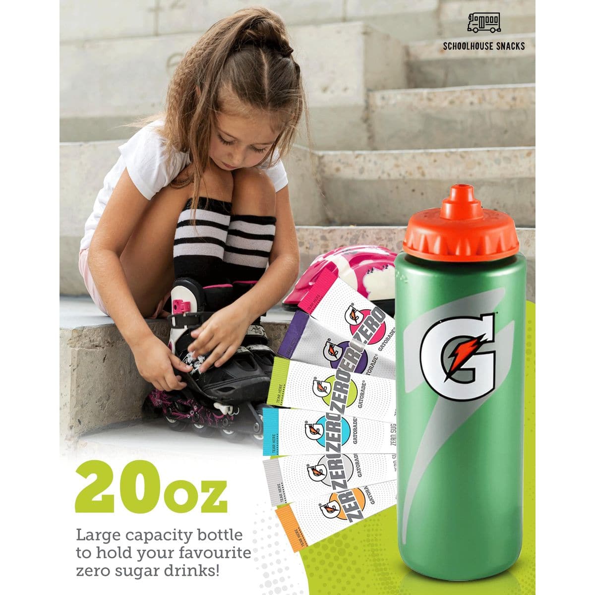 Gatorade Water Bottle with 6 Convenient Gatorade Zero Powder Packets for Hydration on the Go bundle by Schoolhouse Snacks