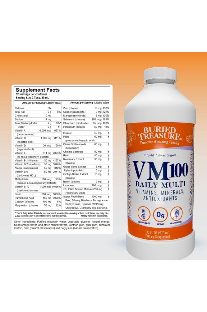 Buried Treasure VM100 Complete Daily Liquid Vitamins and Minerals plus Antioxidants Supplement for Maximum Absorption Great Tasting Orange Zest Flavor 32 Servings 32 Ounce