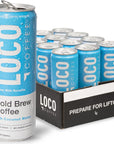 Loco Coffee Black Cold Brew Coffee With Coconut Water 11 Ounce Can 12 Count  Medium Roast 180mg Caffeine  Gluten Free and Dairy Free  Low Sugar Low Calorie Iced Coffee