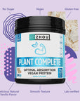 Zhou Nutrition Plant Based Vegan Protein Powder, Best Absorption Digest Score, Complete Amino Acid Profile, Dairy Free, Soy Free, Gluten Free, Sugar Free, Vanilla, 21g Protein, 16 Servings