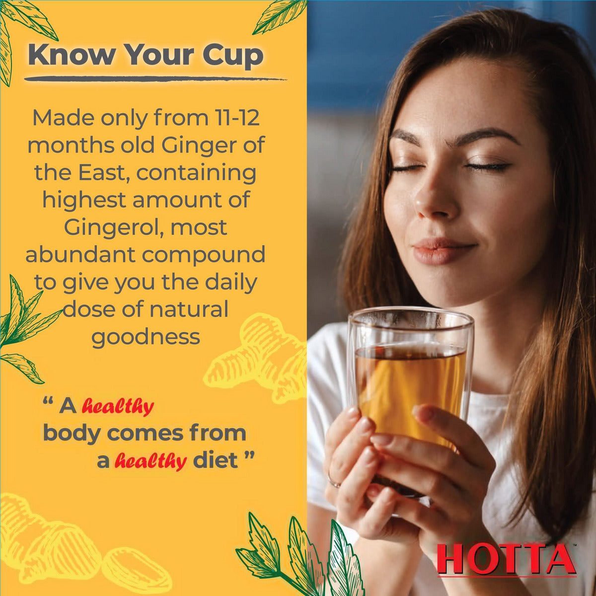 HOTTA Instant 100 Ginger Drink Powder No Sugar Soothes Throat Caffeine Free Easy to Brew Drink Like a Tea Hot or Cold Tea Real Asian Ginger 10 Sachets