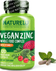 NATURELO Vegan Zinc Whole Food Complex Supplement with Vitamin C for Immune Support and Healthy Skin, Hair, and Nails - 120 Capsules