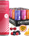 DECIBEL Prebiotic Energy Drink  Healthy Functional Energy Supports Gut Health and Digestion with 5g of Prebiotic Fiber No Added Sugar No Artificial Ingredients Variety 12 Cans