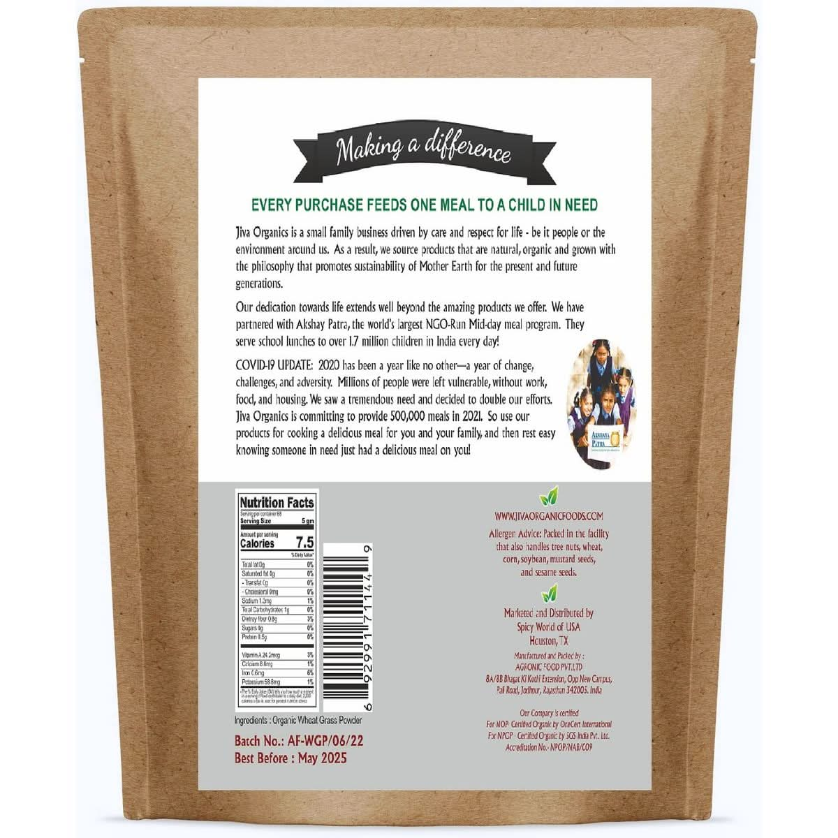 Jiva Organics Wheatgrass Juice Powder 12 Ounce Bulk Kraft Bag  from Whole Leaf  Rich in Fibers and Minerals NonGMO and Vegan