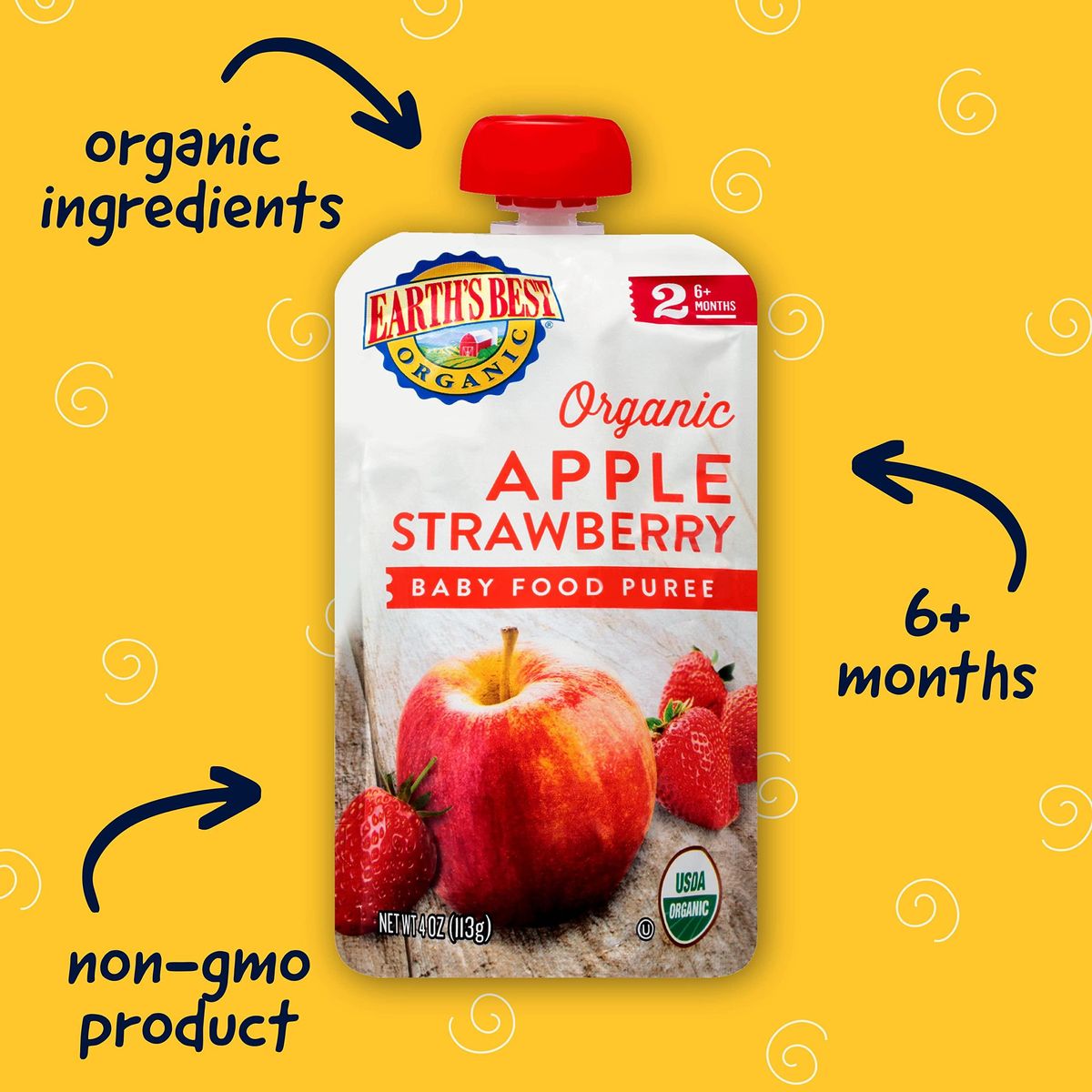 Earth&#39;s Best Organic Baby Food Pouches, Stage 2 Fruit Puree for Babies 6 Months and Older, Organic Apple Strawberry Puree, 4 oz Resealable Pouch (Pack of 12)