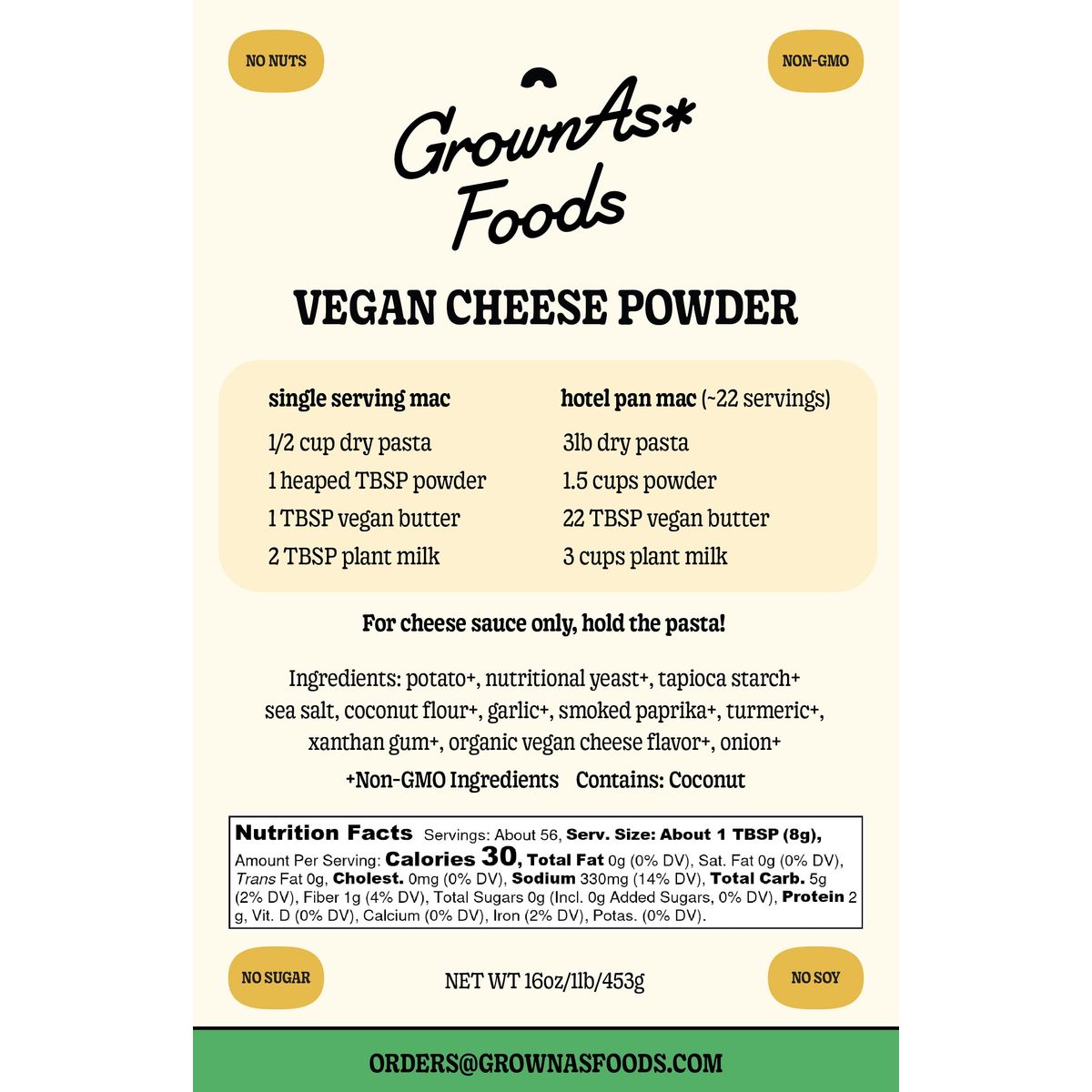 GrownAs Vegan Cheese Powder 1 lb  Dairy Free NonGMO Cheddar Cheese Seasoning for Vegan Mac  Cheese Nachos Pub Cheese  Organic NonDairy SugarFree SoyFree  Better Than Nutritional Yeast