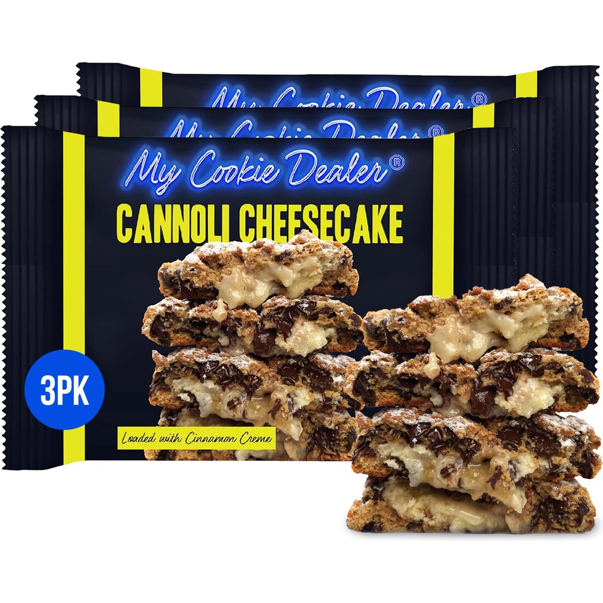 My Cookie Dealer Soft Baked Cookies Cannoli Cheesecake 3Pack 4oz Cookie  Cannoli Shell Batter Loaded with Chocolate Chips Cinnamon Creme  Powdered Sugar  Individually Wrapped Travel Snacks