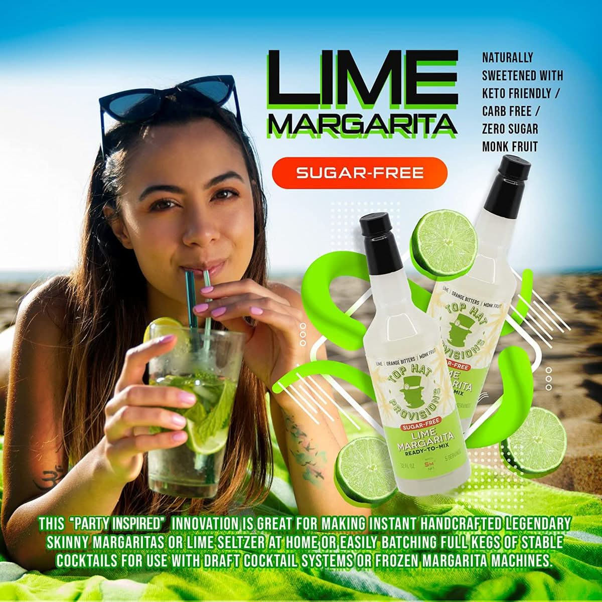 Top Hat Keto Sugar Free Lime Margarita Mix  Naturally Sweetened with Monk Fruit  Craft Mixer for Skinny Margarita Cocktail Drinks  32oz Bottle