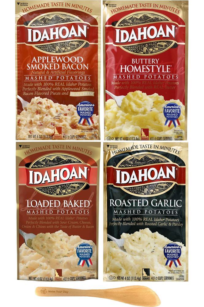 Idahoan Mashed Potatoes Applewood Smoked Bacon Buttery Homestyle Loaded Baked and Roasted Garlic 4 ounce Pack of 4  with Make Your Day Mini Bamboo Spatula