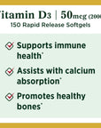 Nature's Bounty Vitamin D, Supports Immune Health & Bone Health, 2000IU Vitamin D3, 150 Softgels ,150 Count (Pack of 1)