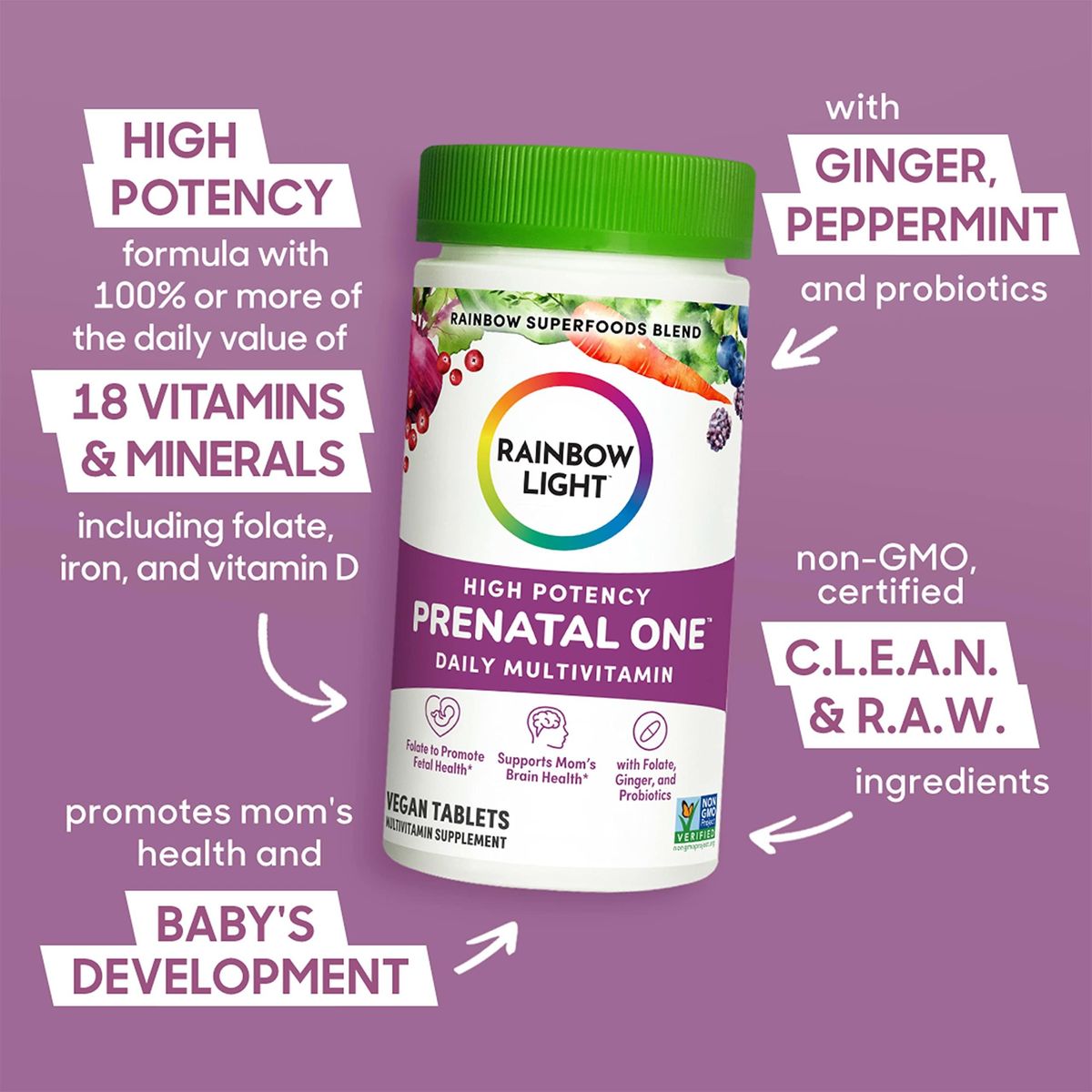 Rainbow Light High-Potency Prenatal One Multivitamin, Prenatal Health Multivitamin Supports Mom&#39;s Health and Baby&#39;s Development, With Vitamin C, Vegan, 90 Count