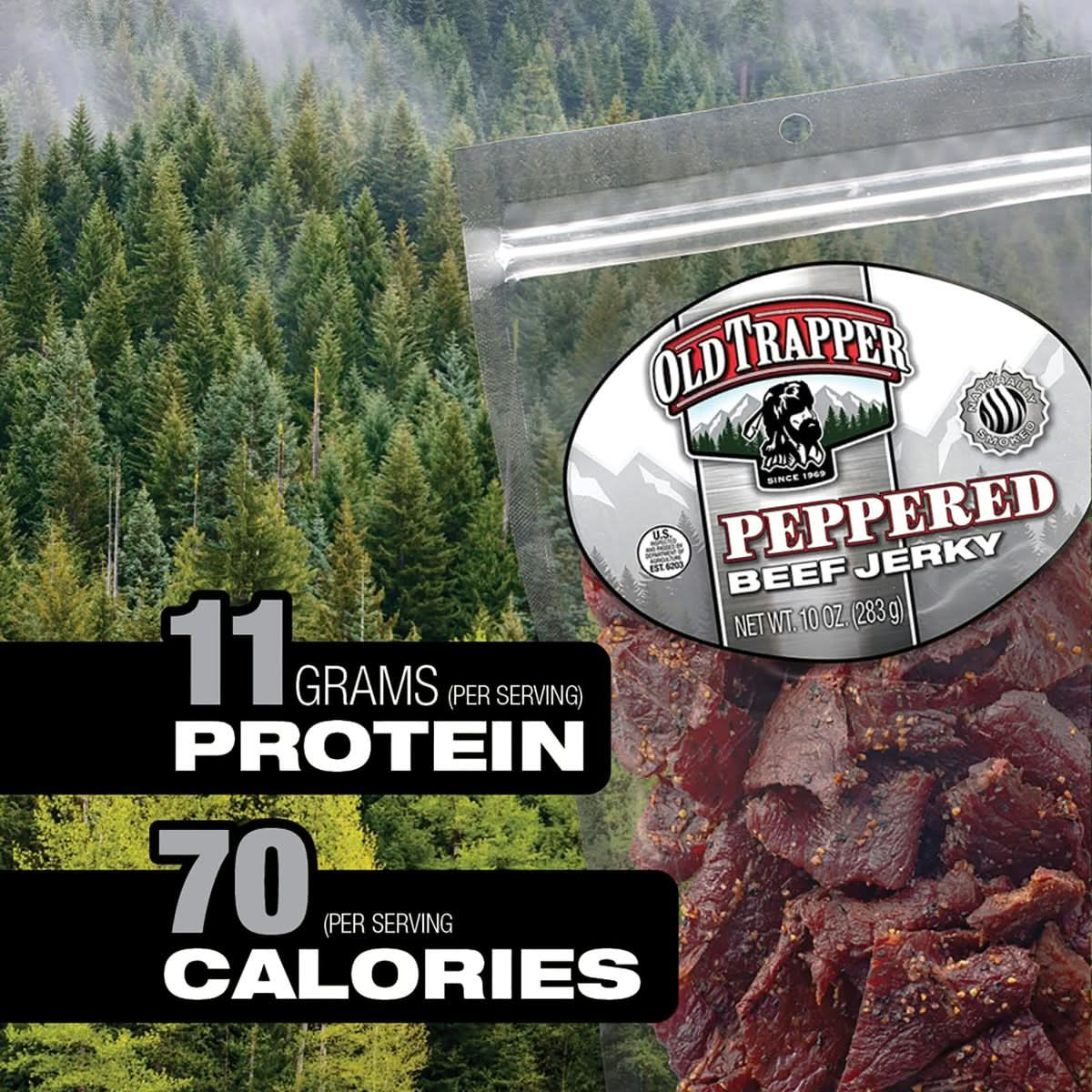 Old Trapper Beef Jerky Peppered 10Ounce Pack Spicy Meat Snacks for Lunches or Between Meals 11 Grams of Protein Zero Grams of Fat and 70 Calories per Ounce Pack of One