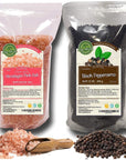 Eat Well Whole Black Peppercorns 12 oz and Coarse Crystal Himalayan Salt 2 lb, Salt and Pepper Coarse Pepper Corns and Natural Coarse Grain Himalayan Pink Salt & Black Peppercorns for Grinder Refill