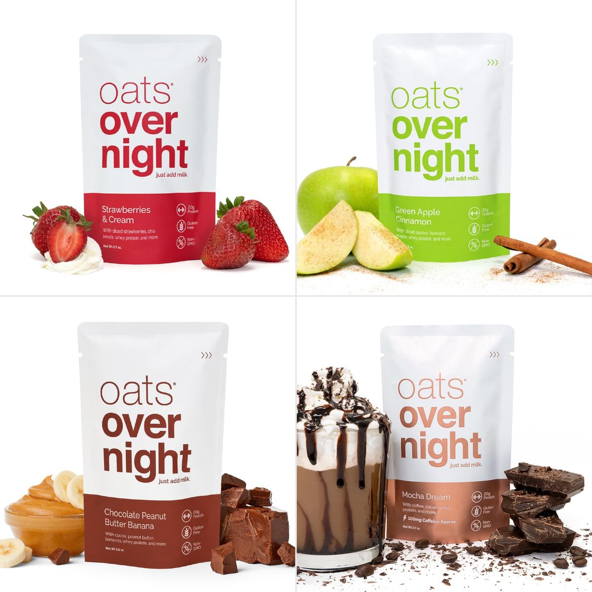 Oats Overnight Classic Variety Pack High Protein High Fiber Breakfast Shake  Gluten Free Non GMO Oatmeal Strawberries  Cream Green Apple Cinnamon  More 8 Pack  BlenderBottle