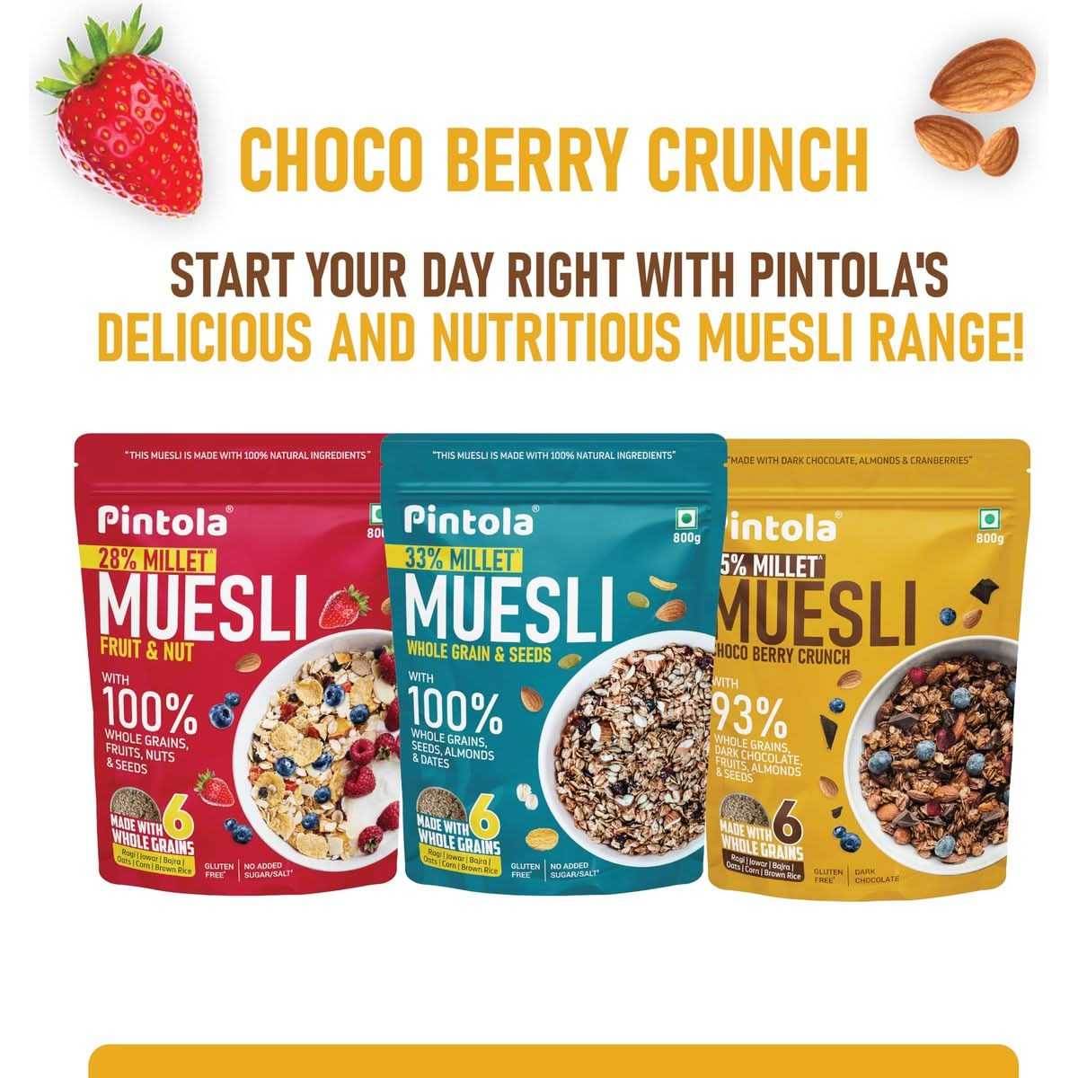 Pintola Dark Chocolate  Cranberry Muesli with 25 Millet  60 Wholegrains 800g Healthy breakfast cereal with 6 varied Nuts  seeds No Preservatives High in Fibre  Protein Cholesterol Free