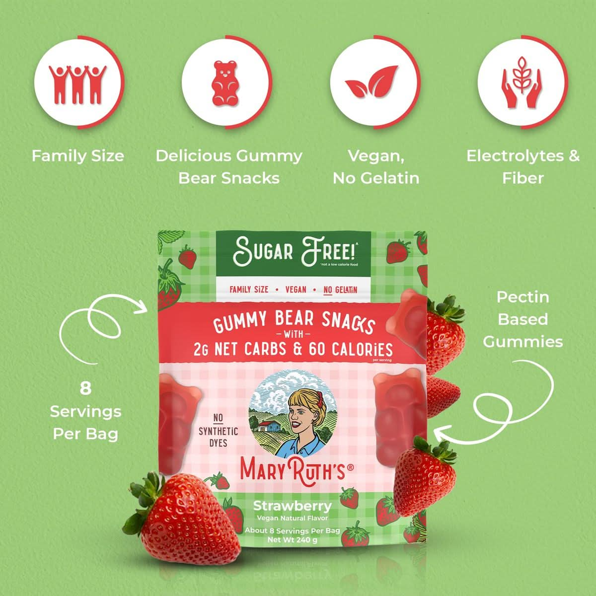 MaryRuth Organics Sugar Candy SugarFree Gummy Bears Snack with Electrolytes and Fiber for Kids and Adults Strawberry Vegan Gluten Free NonGMO Family Size 240 Grams 052 Pounds 8 Pieces