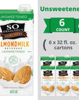 So Delicious Dairy Free ShelfStable Almond Milk Unsweetened Vegan NonGMO Project Verified 1 Quart Pack of 6