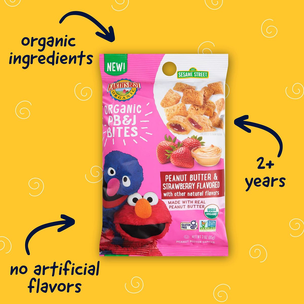 Earth&#39;s Best Organic Kids Snacks,Sesame Street Toddler Snacks,Organic PB&amp;J Bites for Toddlers 2 Years and Older,Peanut Butter and Strawberry Flavored with Other Natural Flavors,3oz Bag (Pack of 6)