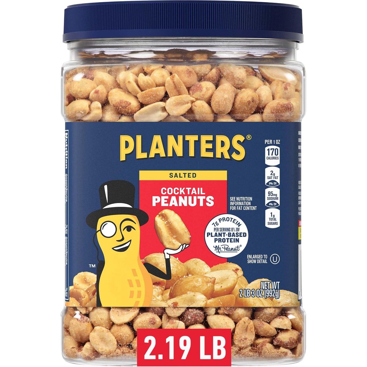 PLANTERS Salted Cocktail Peanuts, Party Snacks, Plant-Based Protein, 2.19 lb Jar