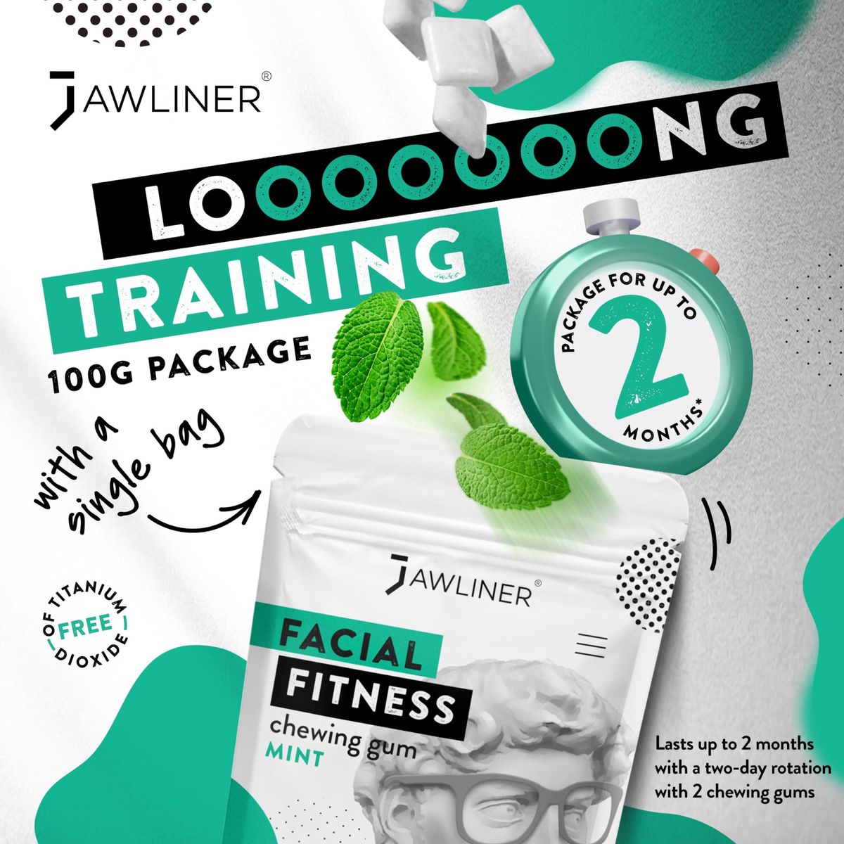 JAWLINER Fitness Chewing Gum (2 months pack) Jawline Sugar Free Mint Gum - - Jawline Exerciser For Mewing And Shapen The Jaw - 15x Harder Than Regular Gum