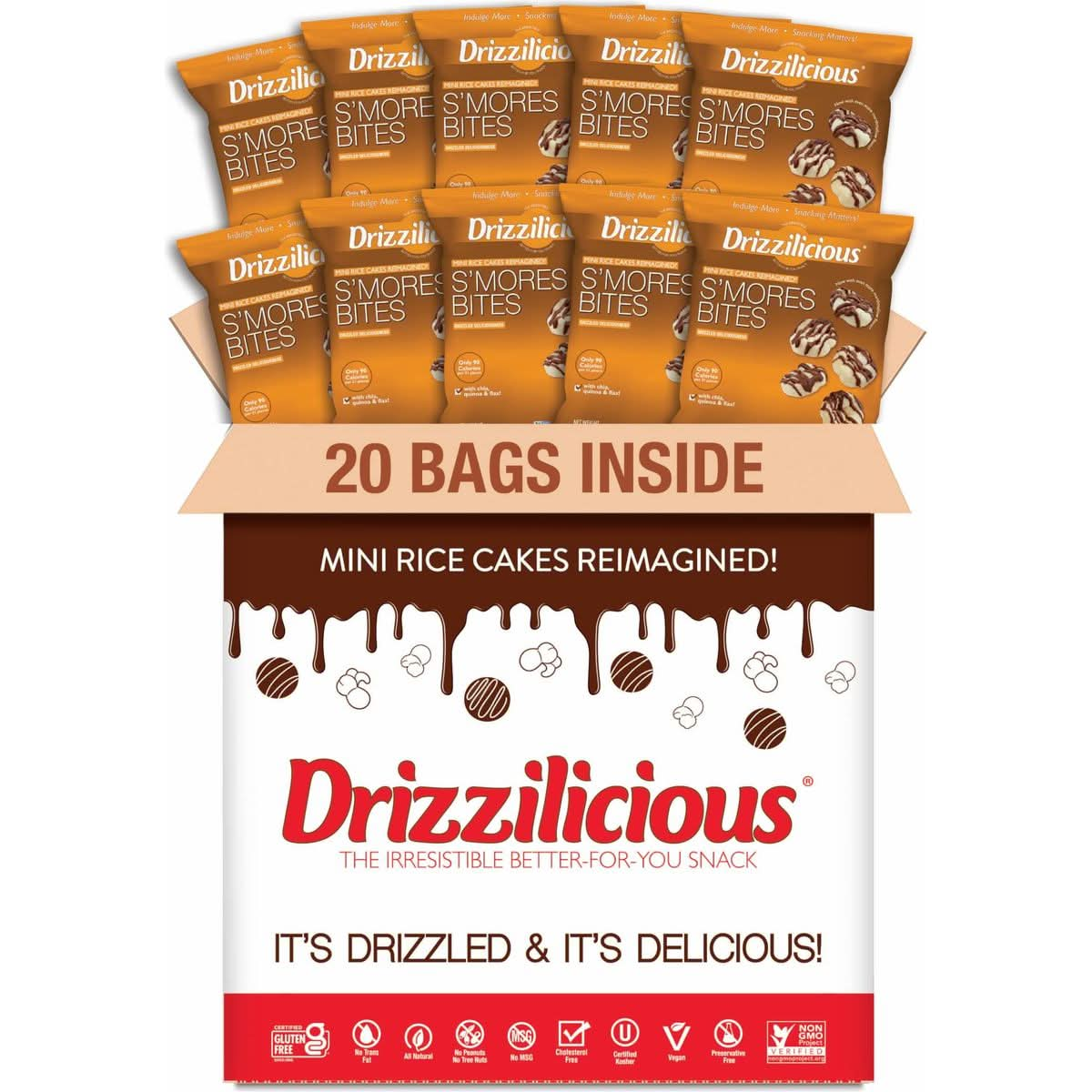 Drizzilicious Mini Rice Cakes Smores  Rice Crisps Healthy Snack for Adults and Kids Flavored Rice Cakes Vegan Gluten Free Allergen Free Only 90 Calories Per Bag  074 oz Pack of 20