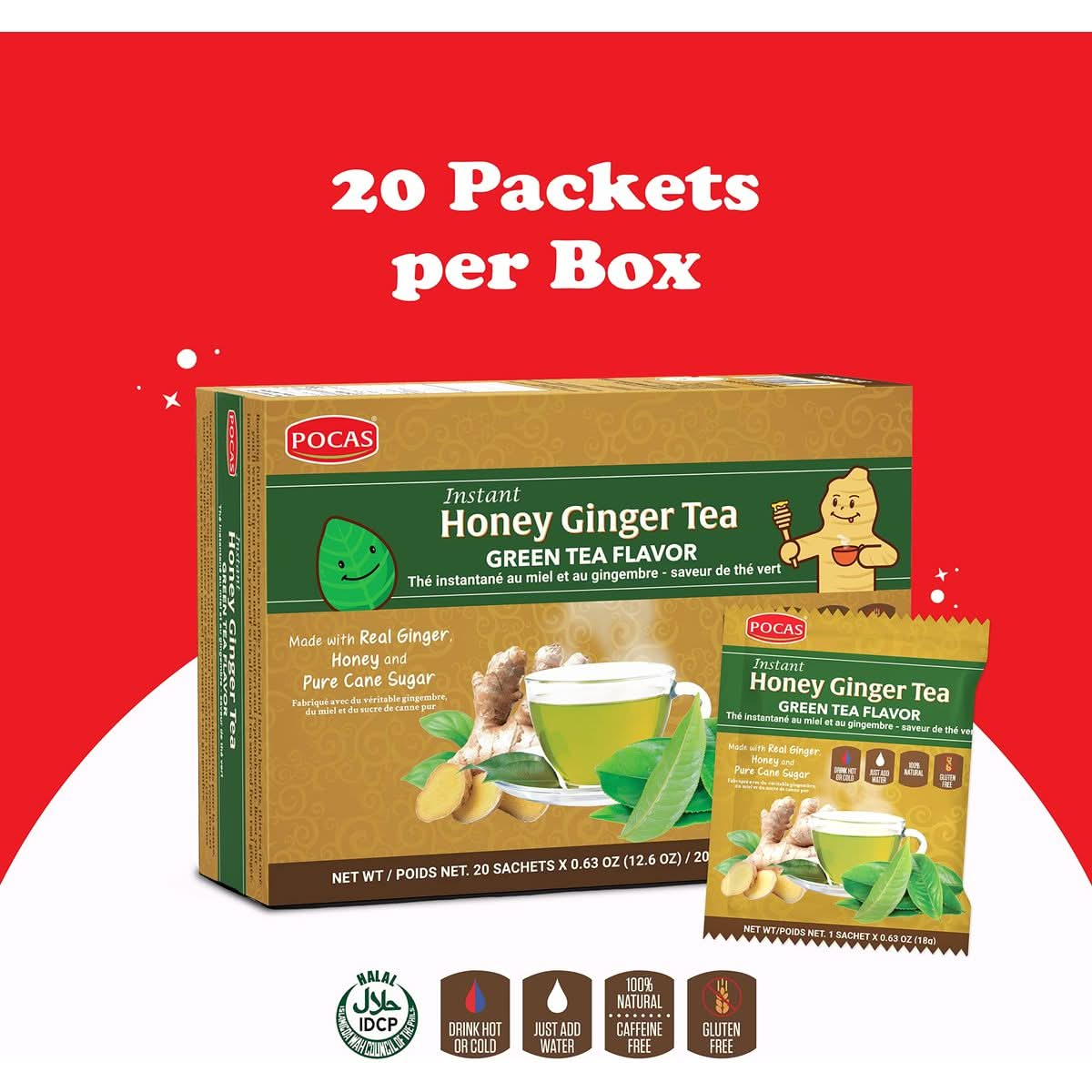 Pocas Honey Ginger Tea  Instant Tea Powder Packets with Green Tea Extract  Ginger Honey Crystals Tea NonGMOGluten FreeCaffeine Free Tea 20 Count