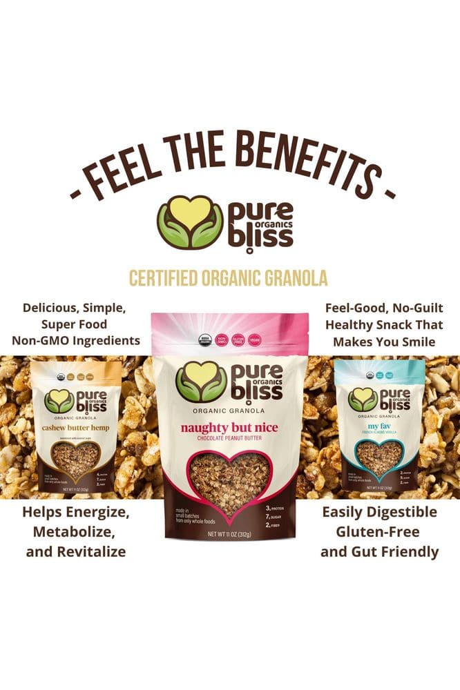 Pure Bliss Organic Granola Variety Pack, Gluten Free, Best Tasting, Non-GMO, Healthy Snack, Simple Real Food Ingredients, Includes One Of Each: Cashew Butter Hemp, French Almond Vanilla, Chocolate Peanut Butter (3 x 11 oz Pouches)