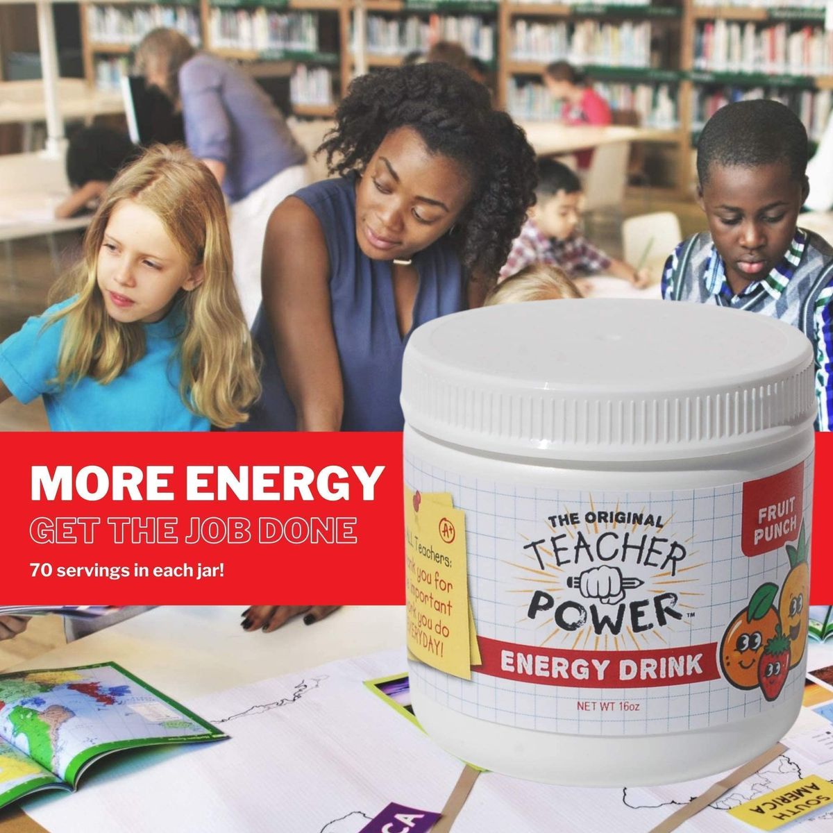 Teacher Power The Original in Fruit Punch Sugar Free Energy Drink 70servings per Jar 100mg Caffeine with B Vitamins