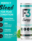 F3 Energy  Tropical Theory Energy Drink Muscle Building Sports Drinks w BCAA Panax Ginseng and Ginkgo Biloba Natural Energy Drinks for Strength Mental Focus and Muscle Recovery 355 ml 12 pack