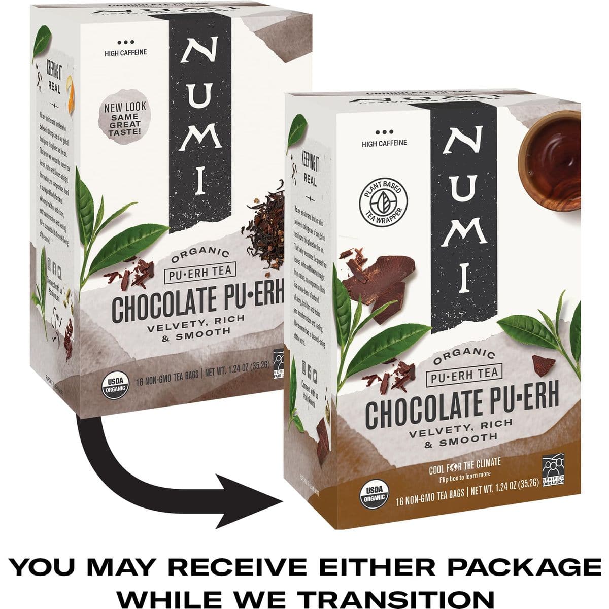 Numi Organic Chocolate Puerh Tea 16 Tea Bags Aged Yunnan Puerh Black Tea with Cocoa  Orange Peel Packaging May Vary