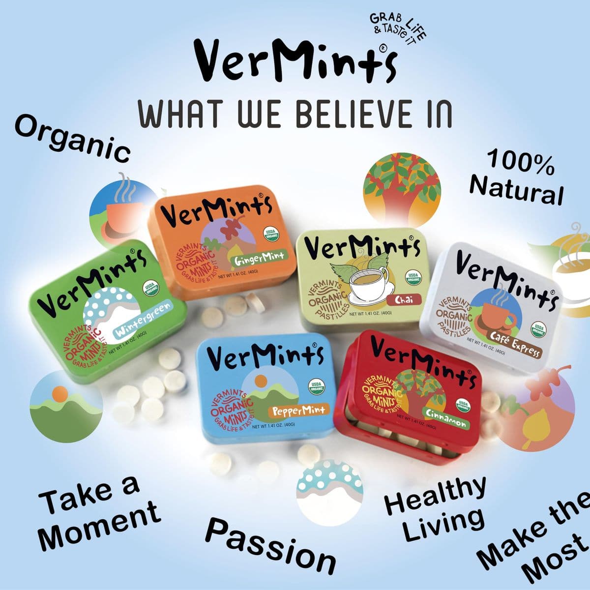 Organic Breath Mints by VerMints PepperMint Flavor All Natural NonGMO Nut Free Gluten Free Vegan KSA Kosher Pack of 6 141oz Tins